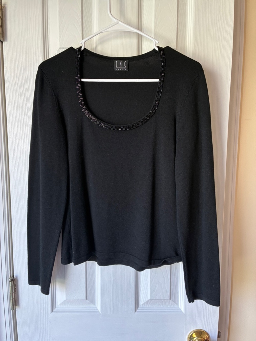 INC International Concepts Black Long Sleeve Scoop Neck Top with Beaded Trim